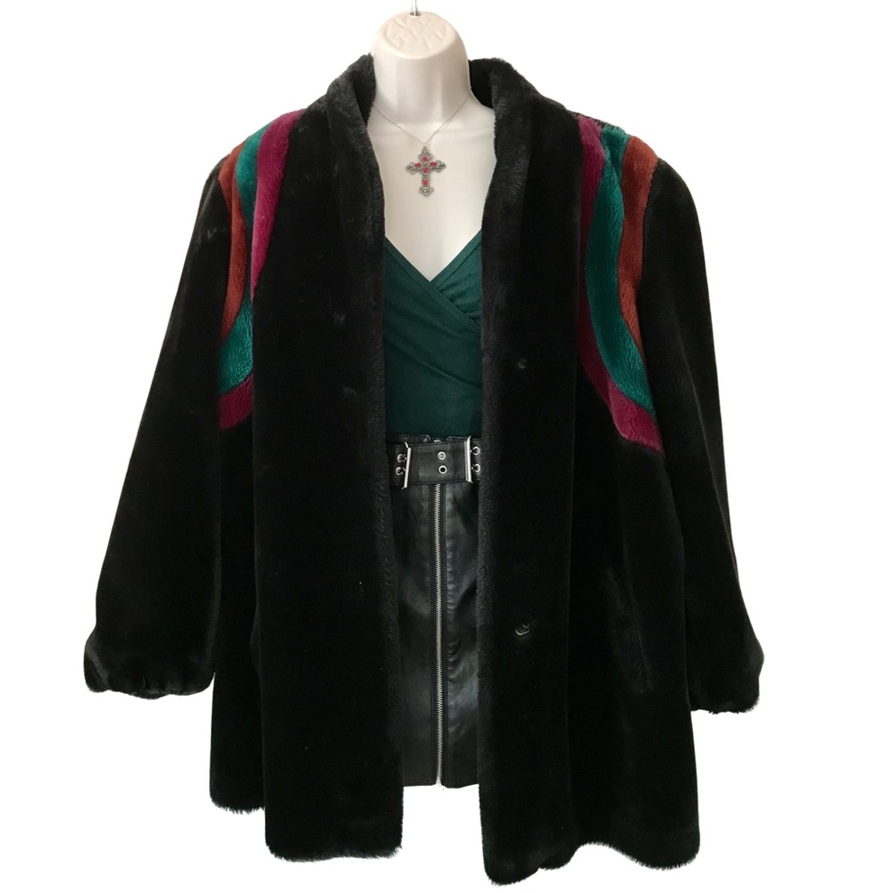 Women’s Vintage 70s ILGWU Black Faux Fur Coat Red Green Luxury Grunge Size XL
